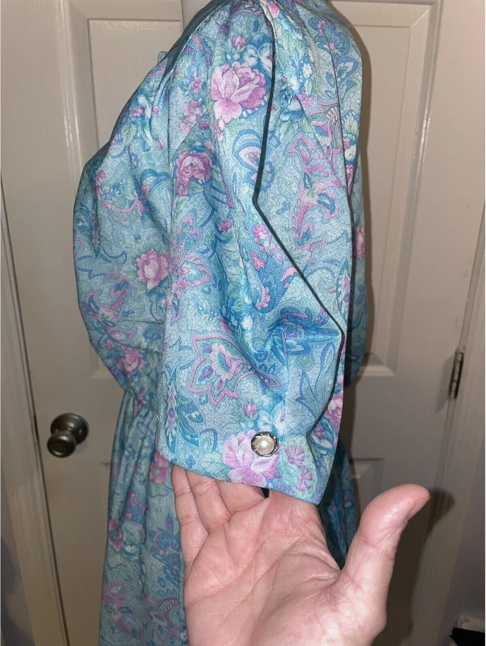 Vintage California Looks Floral Dress Teal Blue Pink Size 8 Petite USA Made